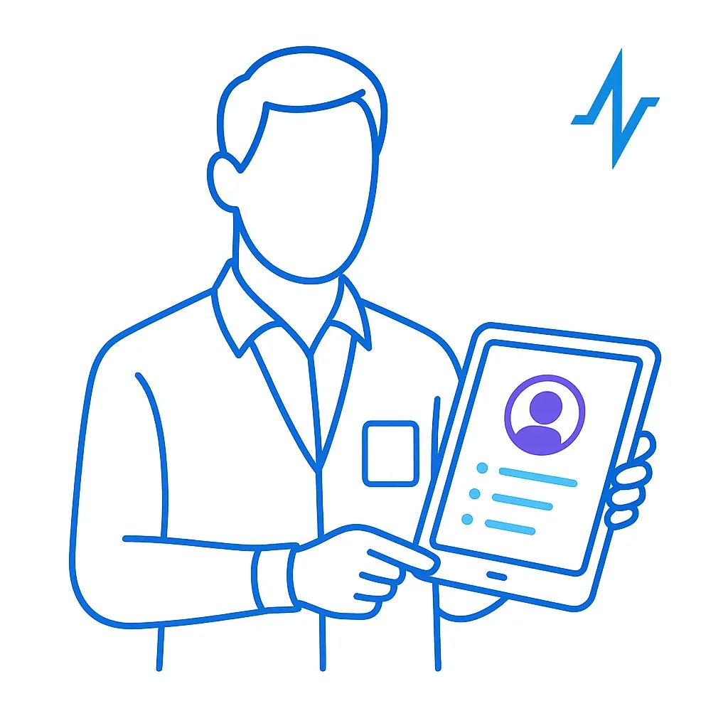 A clinician holds up a tablet displaying a simplified persona card (avatar, bullet-list details). The clean line-drawing style and corner-placed pulse-line logo convey interactive, face-to-face profile reviews.