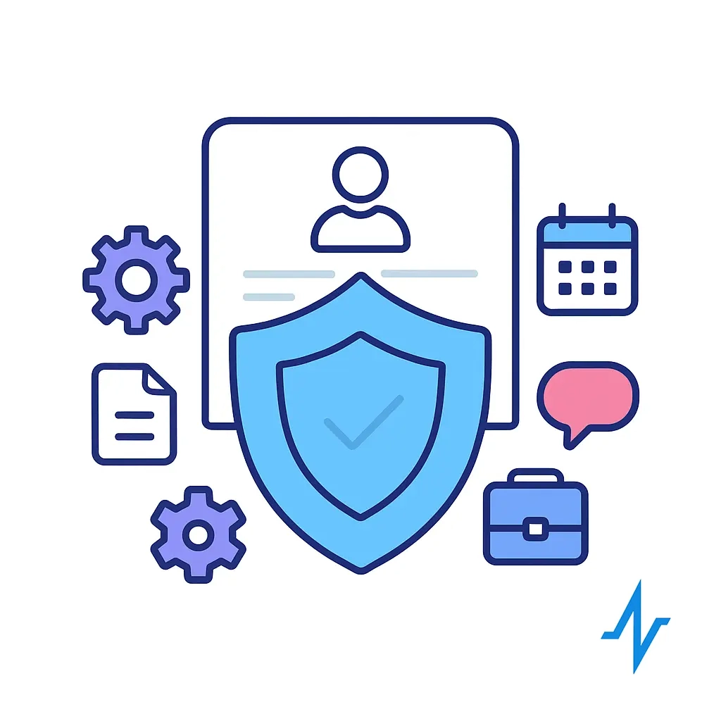 A large shield icon overlays a user profile window, flanked by gears, a document, calendar, speech bubble, and briefcase—symbolizing secure, end-to-end management of persona data and permissions.