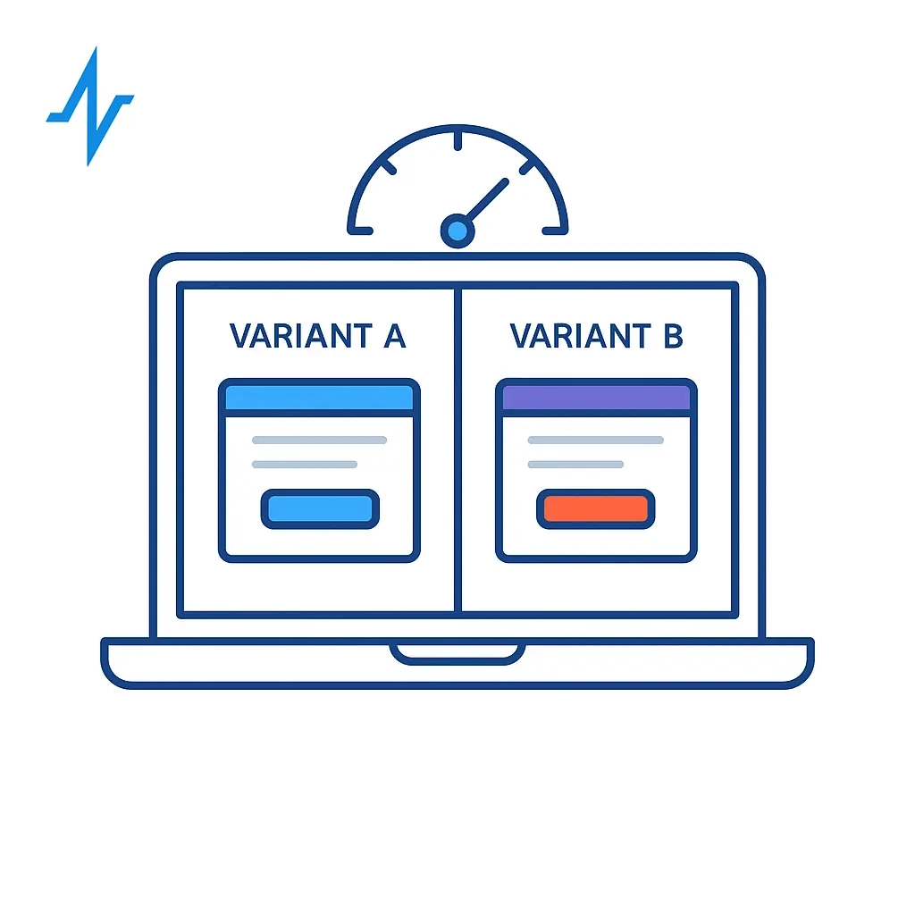 A laptop screen splits into “Variant A” and “Variant B” panels, each showing a webpage mockup, with a speedometer gauge perched above—representing real-time performance comparisons and rapid optimization.