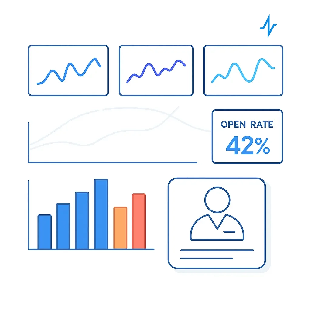 An abstract dashboard montage: three mini sparklines at top, a full-width faded line chart, a “42% Open Rate” widget, a five-bar histogram (blues, orange, red), and a persona card—together conveying multifaceted analytics at a glance.
