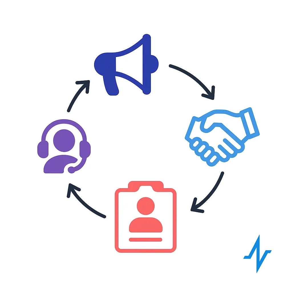 Four bold icons—megaphone (awareness), handshake (partnership), persona clipboard (profiling), headset (support)—arranged in a clockwise loop with arrows, anchored by the pulse-line logo, illustrating a continuous HCP engagement process.