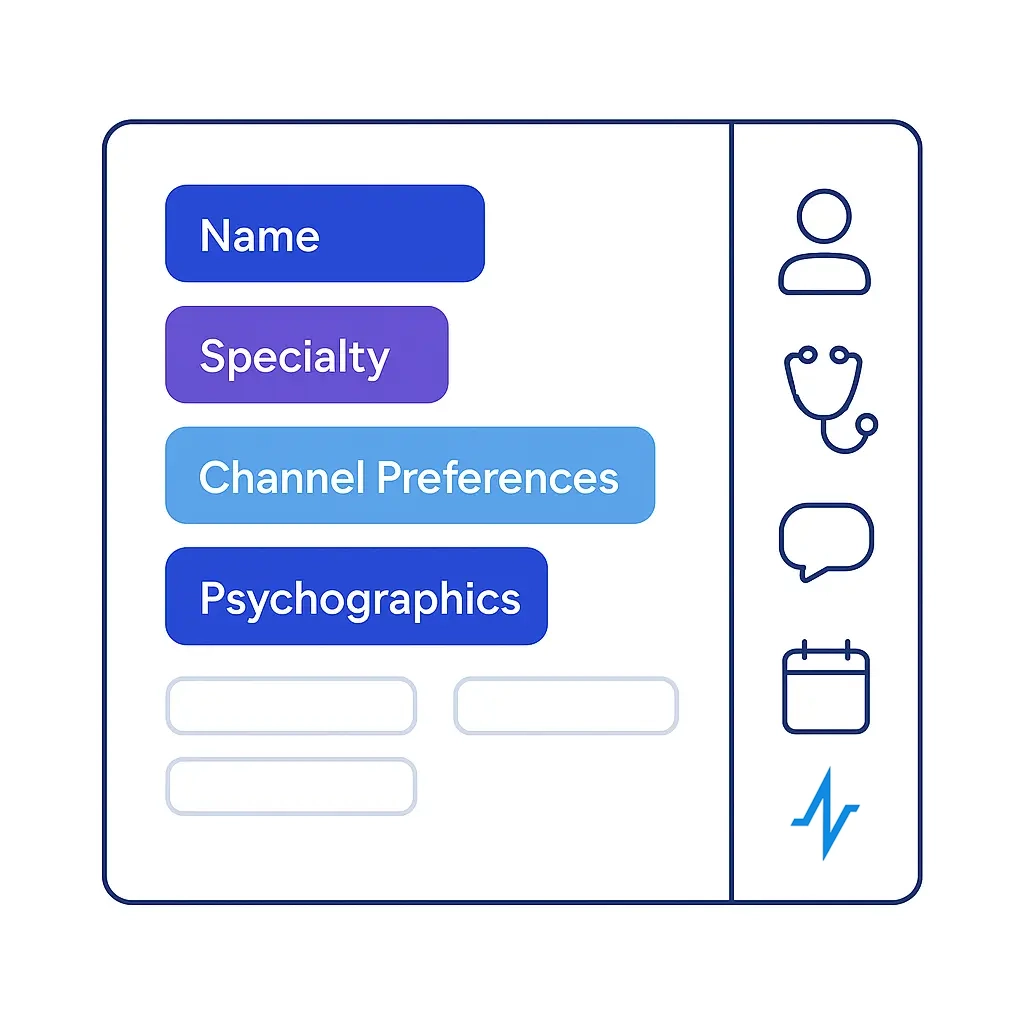 A simplified persona editor interface split into two panes: on the left, labeled pill-shaped fields for Name, Specialty, Channel Preferences, and Psychographics above three empty input bars; on the right, a vertical toolbar of icons—user avatar, stethoscope, chat bubble, calendar—and the subtle pulse-line logo at the bottom, underscoring quick, guided profile creation.