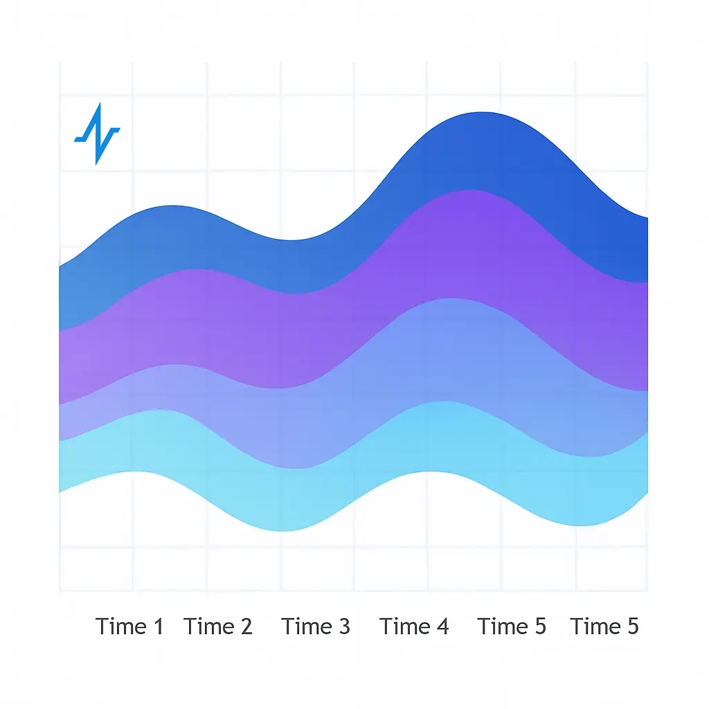 A layered area chart of four undulating bands in teal, light blue, purple, and deep blue over a faint grid background, with evenly spaced “Time 1” through “Time 5” markers on the x-axis, illustrating evolving engagement metrics across multiple cohorts.
