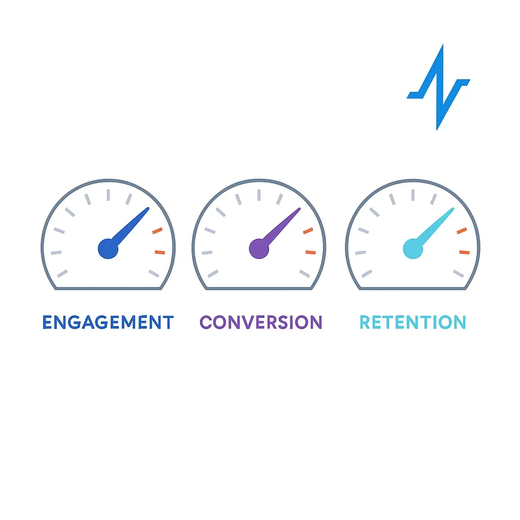 Three side-by-side semicircular dials labeled Engagement, Conversion, and Retention, each with a color-coordinated needle poised in its optimized zone and the pulse-line logo discreetly in the corner, visually benchmarking key performance indicators at a glance.