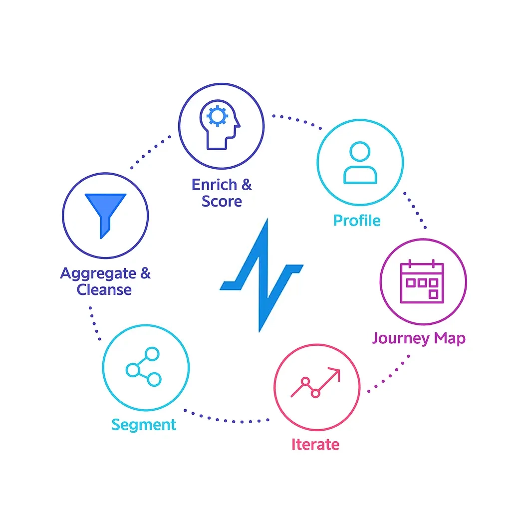 Six circular icons arrayed around the pulse-line logo in a loop: a funnel labeled “Aggregate & Cleanse,” a brain head for “Enrich & Score,” a user icon for “Profile,” a calendar for “Journey Map,” an upward-trend arrow for “Iterate,” and a network node for “Segment,” all connected by dotted lines.