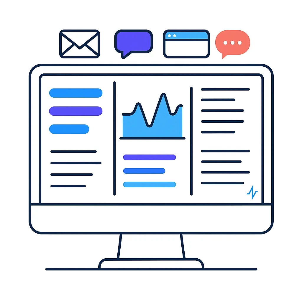 A desktop monitor graphic split into three vertical panels: text on the left, a filled line chart in the center, and bulleted details on the right. Above the screen sit icons for email, chat bubbles, and a browser window, with the pulse logo on the bezel.