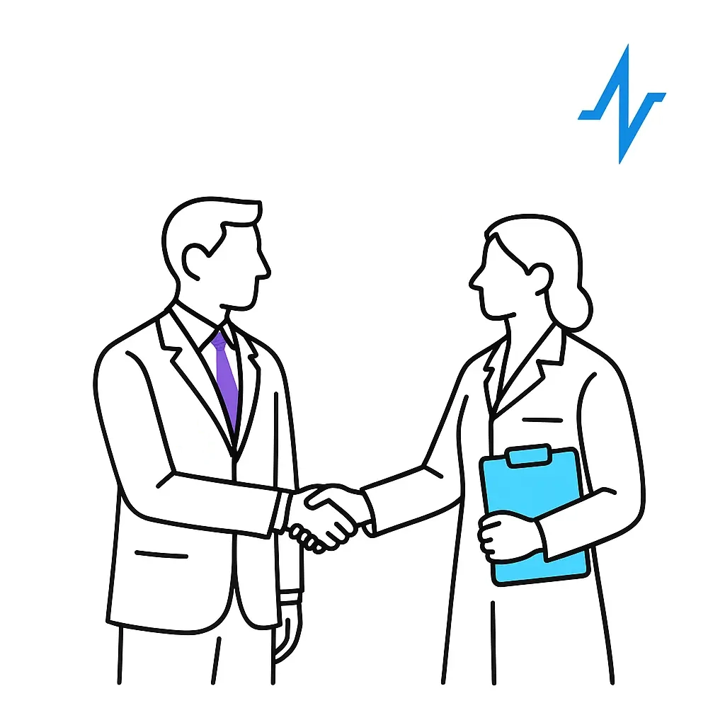 A businessperson in a suit and a clinician in a white coat clasp hands beneath the pulse-line logo, symbolizing partnership between commercial and medical teams.