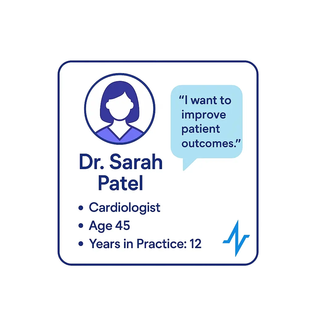 A bordered square featuring a circular avatar of a female physician, the heading “Dr. Sarah Patel,” bullet points for “Cardiologist,” “Age 45,” “Years in Practice: 12,” and a speech bubble reading “I want to improve patient outcomes.” A small pulse logo marks the corner.