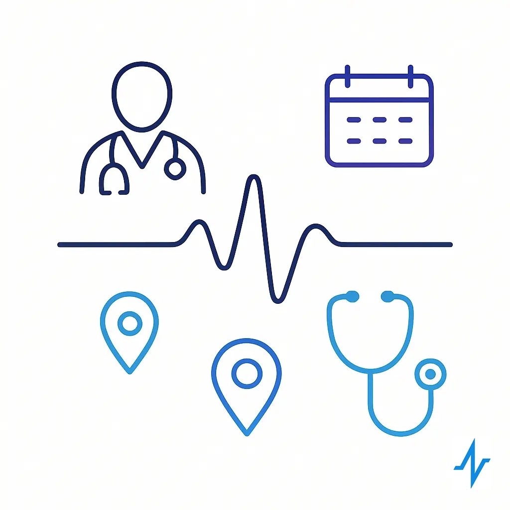 A stylized heartbeat line separates a doctor icon and calendar above from multiple map-pin markers and a stethoscope icon below, conveying scheduled visits across locations.