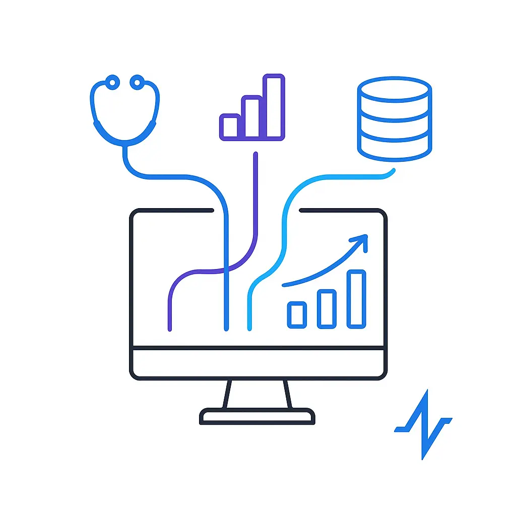 A desktop monitor shows an upward-trending bar chart with three colored data streams flowing into icons overhead—a stethoscope for clinical, a bar chart for analytics, and a database cylinder for data—with a small pulse-line logo in the lower right to tie it all to the brand.