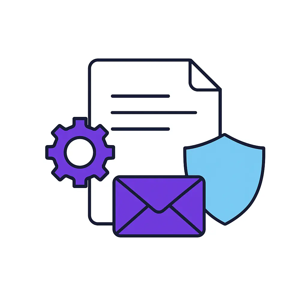 A document outline accompanied by a gear icon, an envelope, and a shield, representing configured messaging workflows under protective compliance protocols.