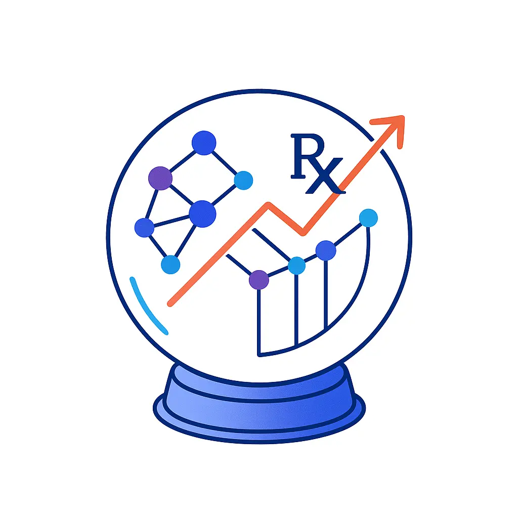 A crystal ball emblazoned with neural-network nodes, a rising Rx arrow, bar-chart segments, and line-graph elements, visualizing AI-driven prescription predictions.