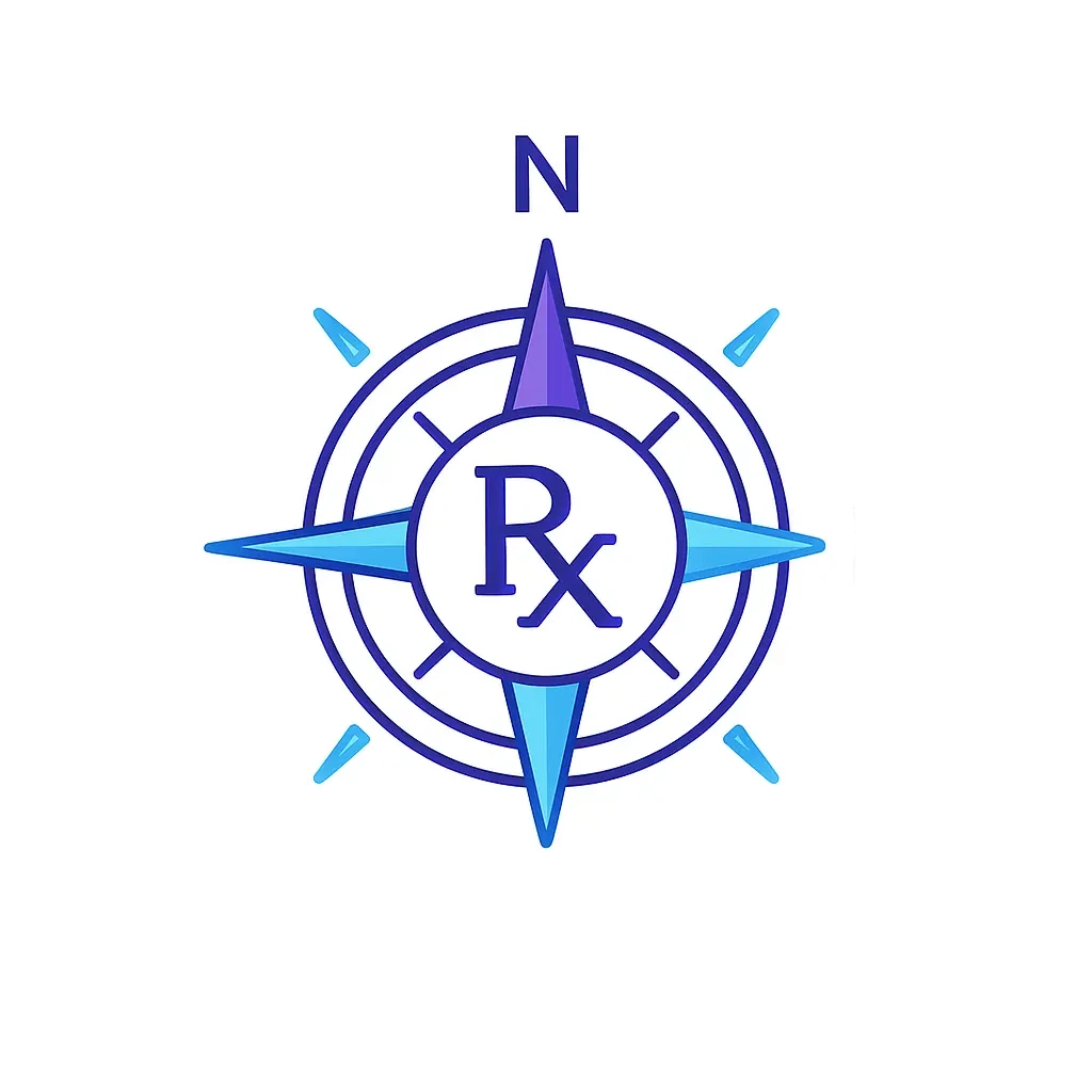 A detailed compass rose with Rx at its center and cardinal points marked, conveying navigational guidance in prescribing strategies.