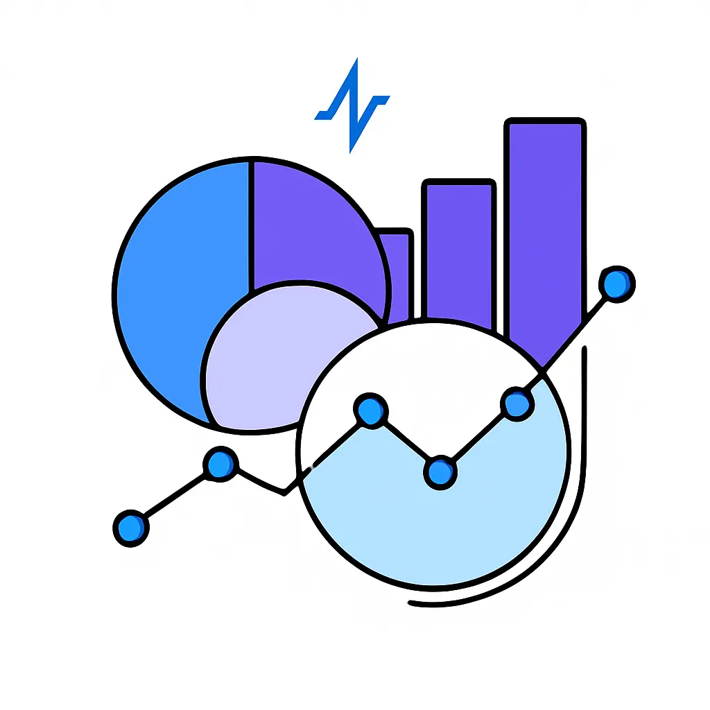 A layered cluster of visuals—including a pie chart, a bar graph, and a circular line chart with nodes—portrays a 360° view of prescription performance, accented by a discreet pulse-line brand mark at the top center.