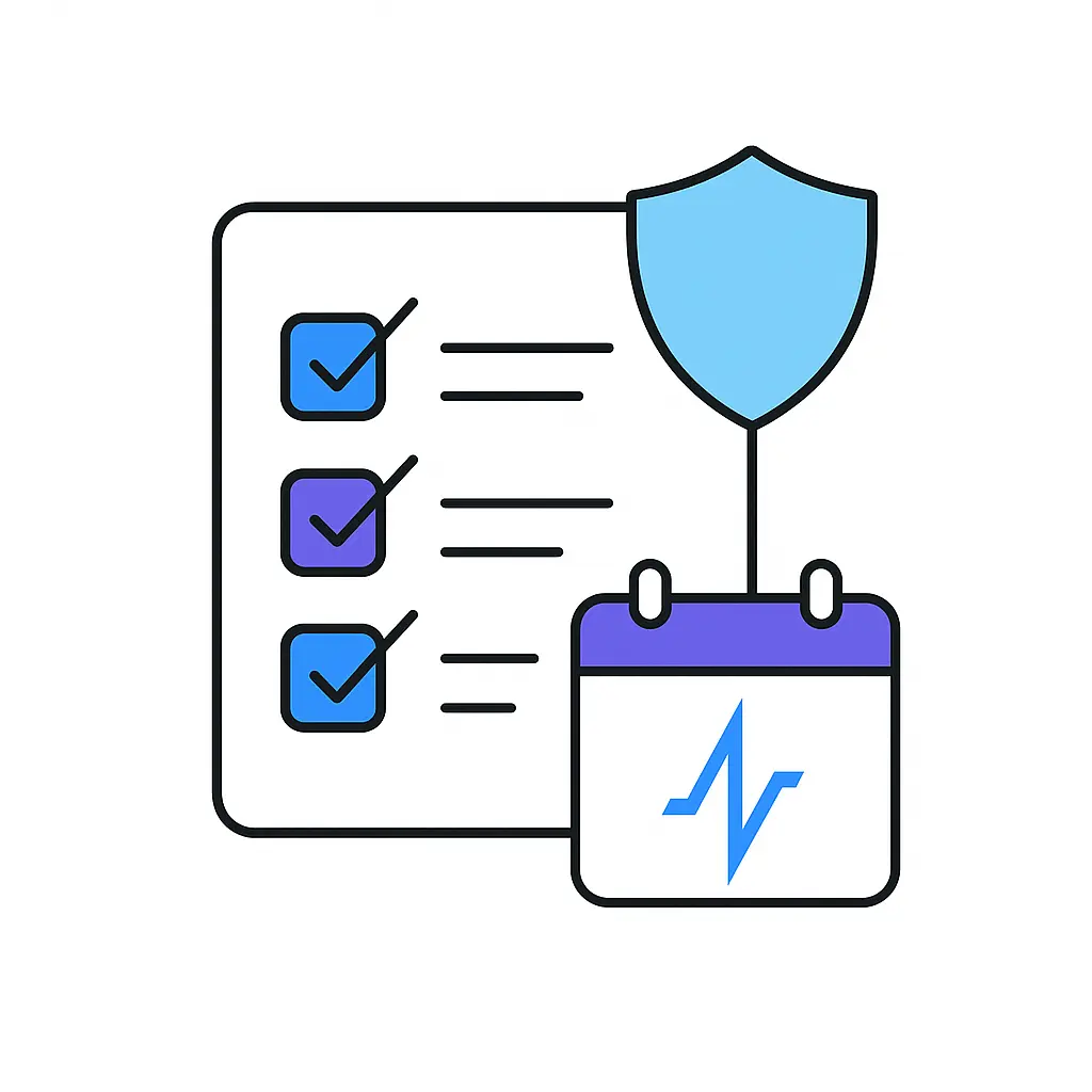 A document checklist displays three checked items beneath a shield icon, with a calendar page stamped with a pulse-line emblem to emphasize organized and protected planning.