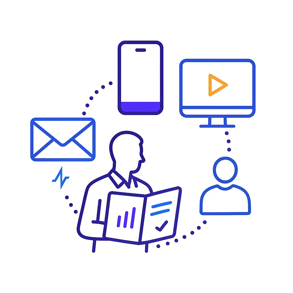A central advisor reading a best-practices booklet is surrounded by touchpoints—an email envelope, a smartphone, a video play-screen, and a clinician avatar—capturing holistic outreach to prescribers within a dotted circle.