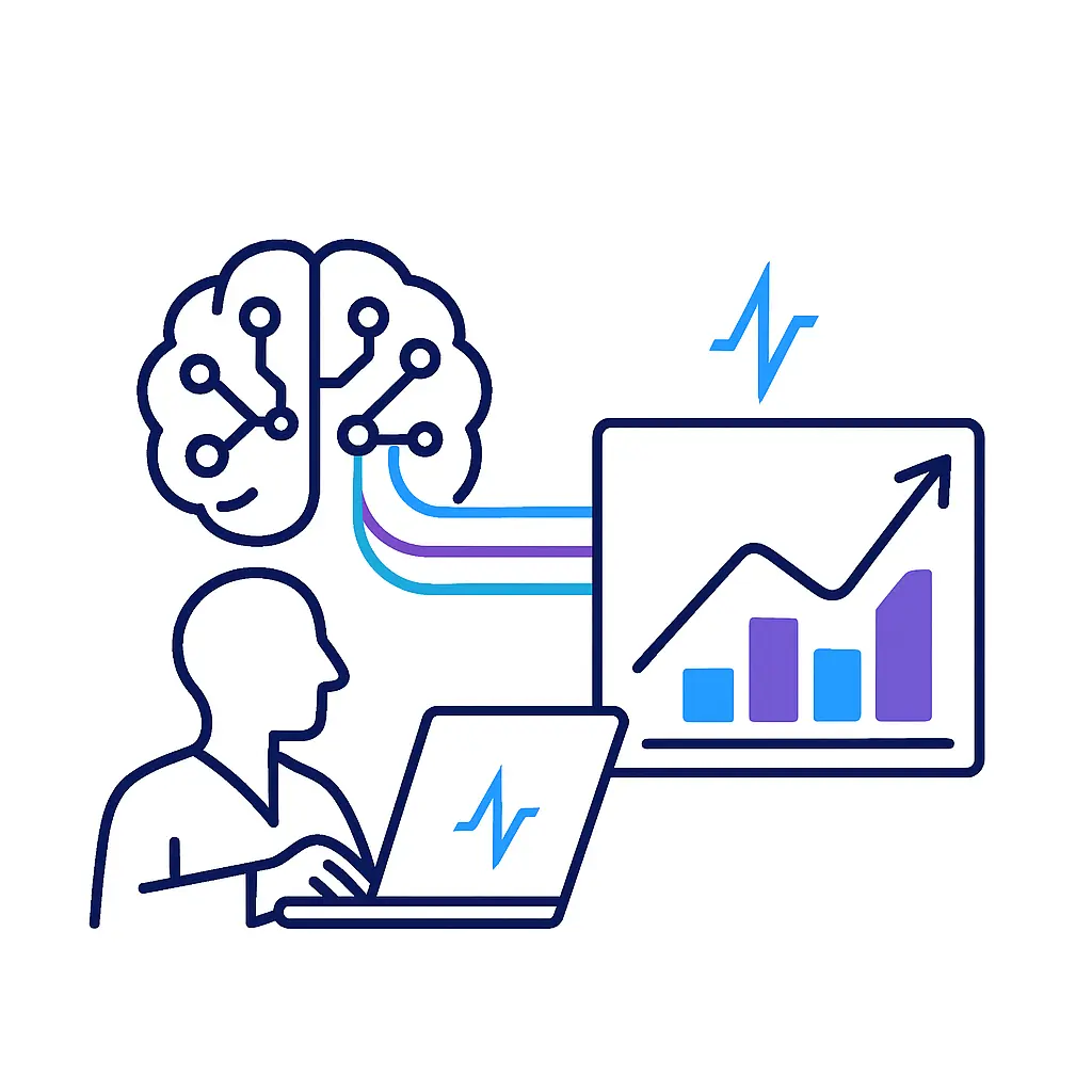 A user at a laptop featuring the pulse-line logo on screen receives schematic brain-like data lines that feed into a wall-mounted chart showing a rising bar graph and line, symbolizing AI-driven prescription insights.