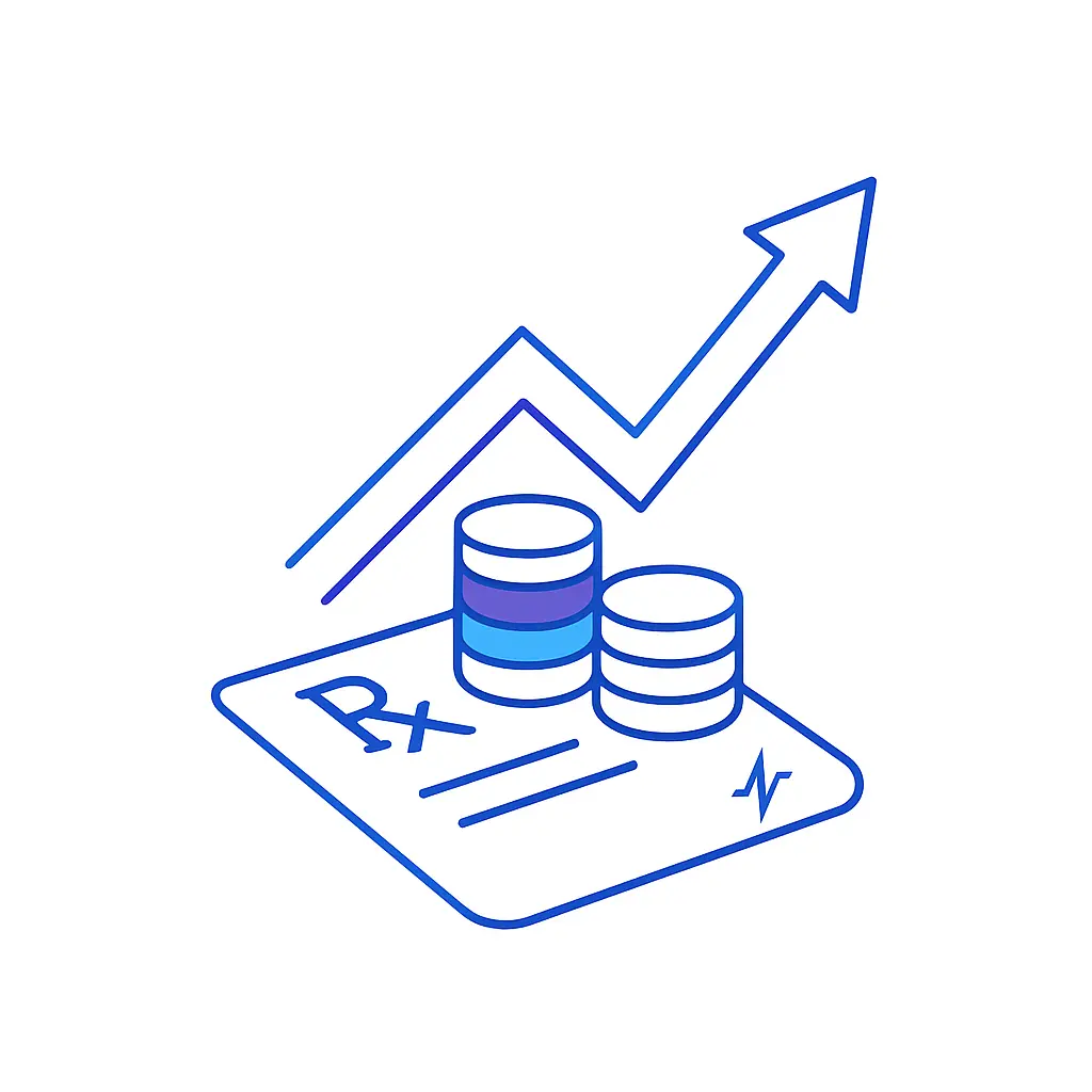 An Rx prescription pad topped with two stacks of coins and overlaid by a jagged line arrow climbing steeply highlights increased prescription sales and revenue uplift, with a pulse-line icon anchoring the corner.