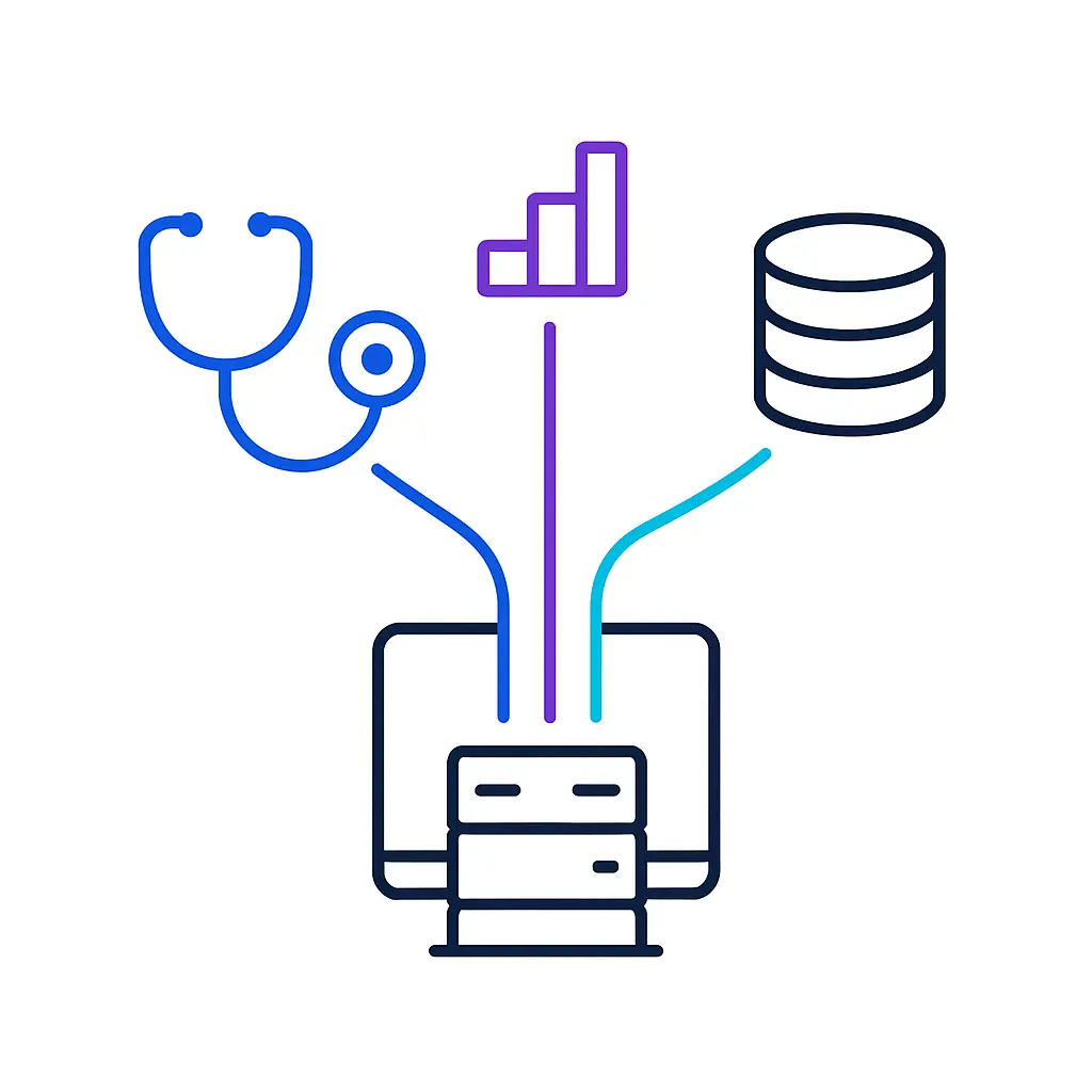 A tower of servers stands before a blank monitor as three colored data conduits rise into icons overhead—a stethoscope, a bar chart, and a database—to convey backend integration of clinical, analytical, and data sources.