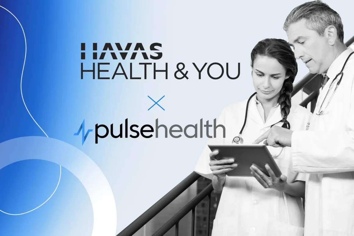 The “Havas Health & You” and “pulsehealth” logos stand side by side, linked by a central “×”, as two clinicians review data on a tablet. A cool blue gradient and minimalist line art evoke collaboration and enhanced client engagement.