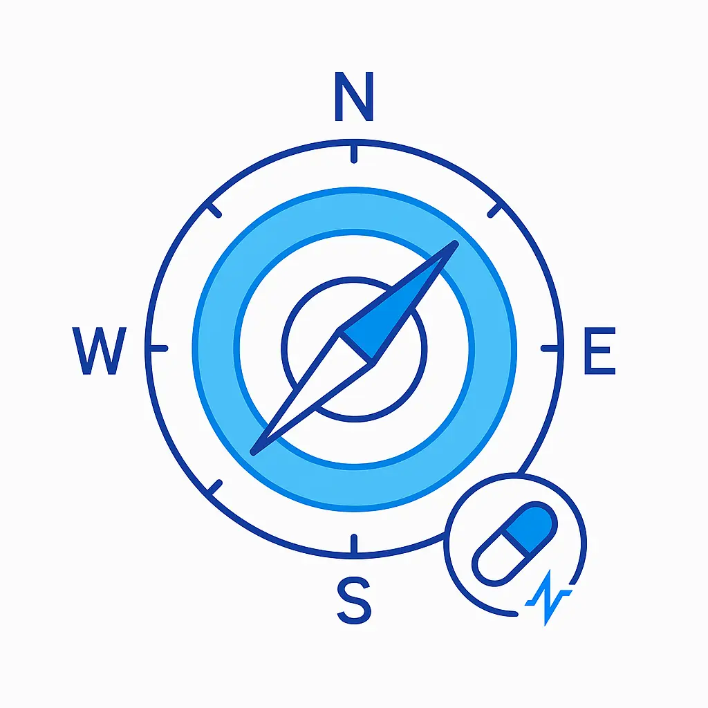 A detailed compass face with concentric rings around the central needle and a small pill icon in a circle at the eight o’clock position, blending directionality with healthcare precision.