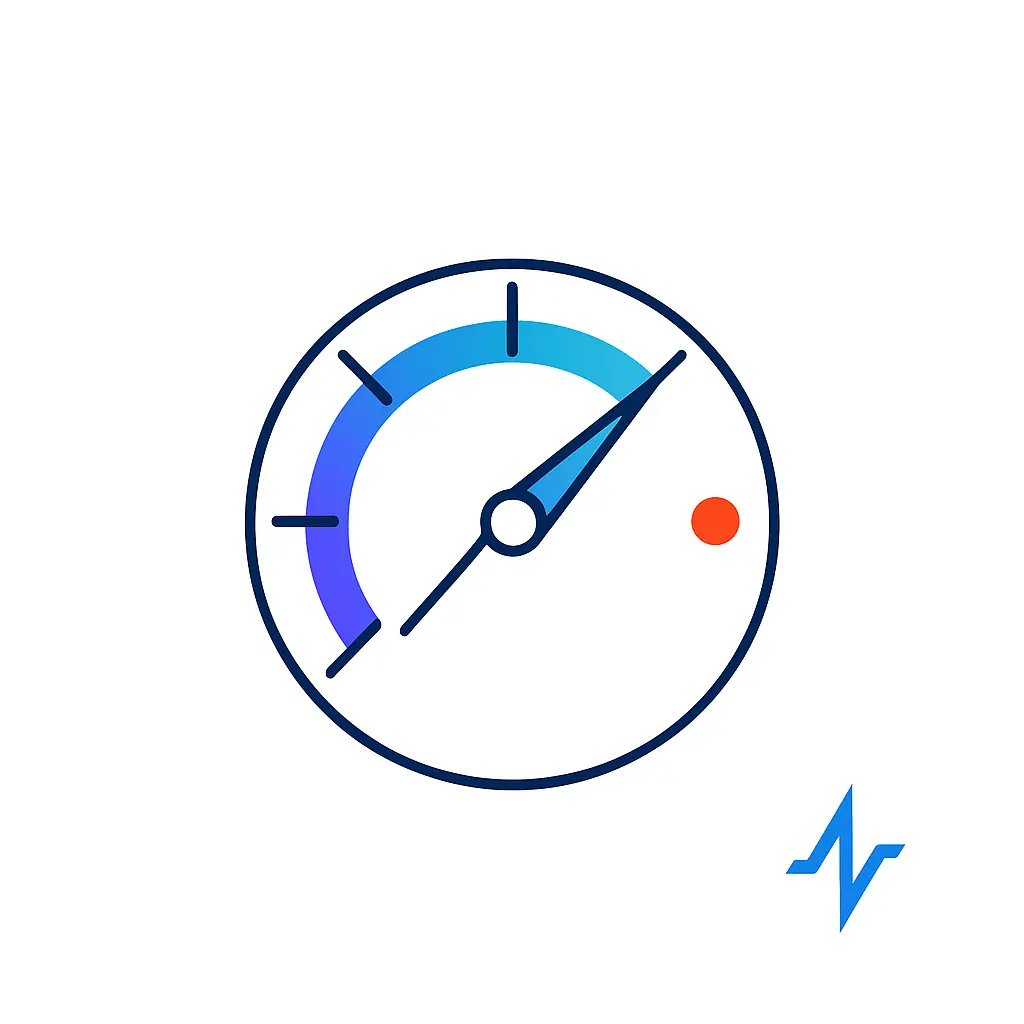A circular speedometer-style dial with tick marks around the rim, a segmented gradient arc from purple to teal, and a two-tone needle pointing toward a red “target” dot. A subtle pulse-line logo sits in the lower right, emphasizing a key performance threshold.