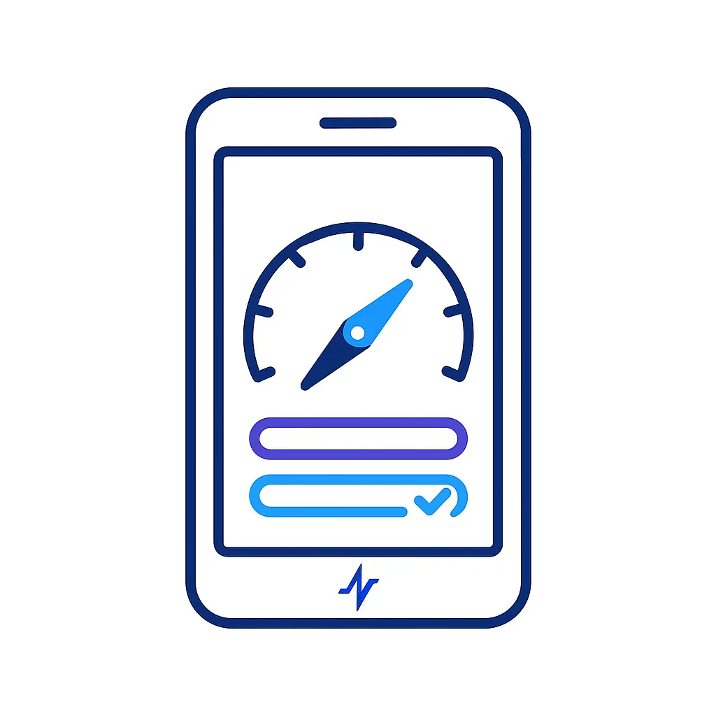 A smartphone outline framing an arc-gauge at the top and two horizontal metric bars below, the lower bar ending in a checkmark. A small pulse-line brand mark adorns the phone’s bezel, signifying on-the-go performance tracking.
