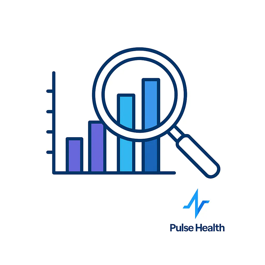 A vertical bar chart of four columns in varying blues and purples, partially overlaid by a large magnifying glass focusing on the taller bars. The “Pulse Health” logo in the lower right underscores data-driven insights.
