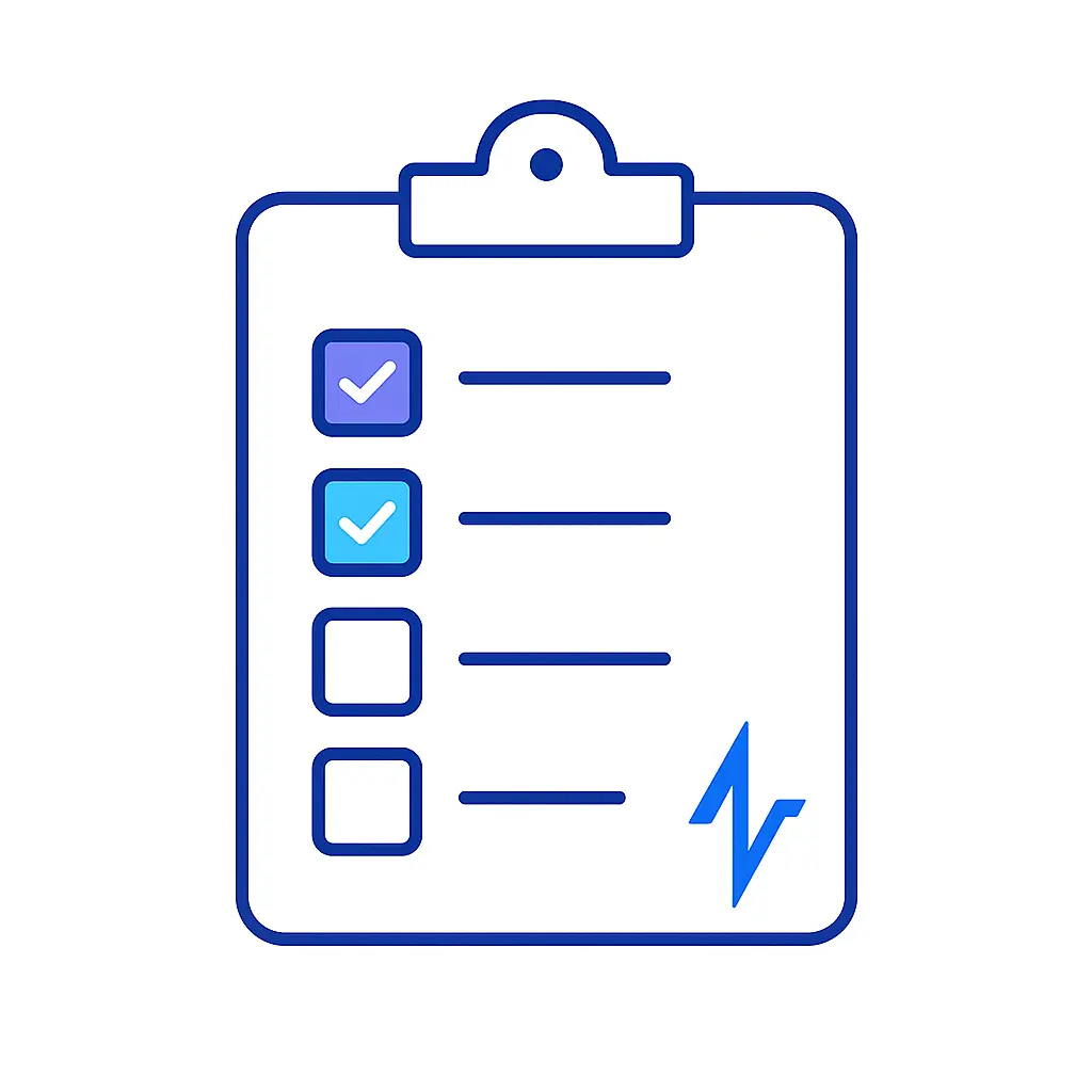A clipboard bearing a list of four items, the top two marked with colored checkboxes. A pulse-line icon graces the lower right, conveying task completion in a health context.