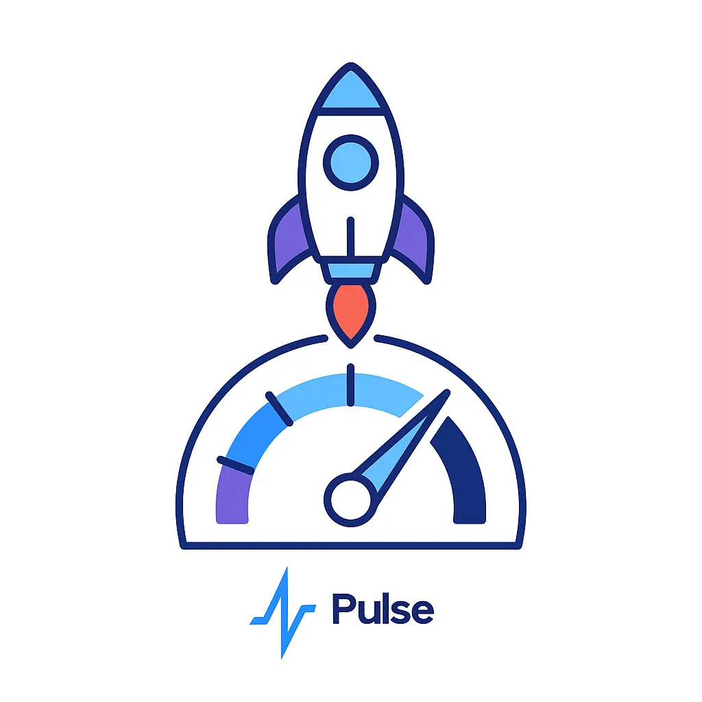 A semicircular performance dial with a multicolored arc and needle angled to the right, topped by a launching rocket graphic. The “Pulse” logo below ties rapid acceleration to elevated metrics.
