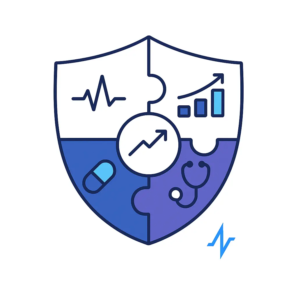 A shield composed of four jigsaw-style quadrants: an EKG pulse trace, an upward bar chart arrow, a pill icon, and a stethoscope. A central circular emblem features a rising-trend arrow, with the pulse-line logo at the bottom right, symbolizing comprehensive health performance.