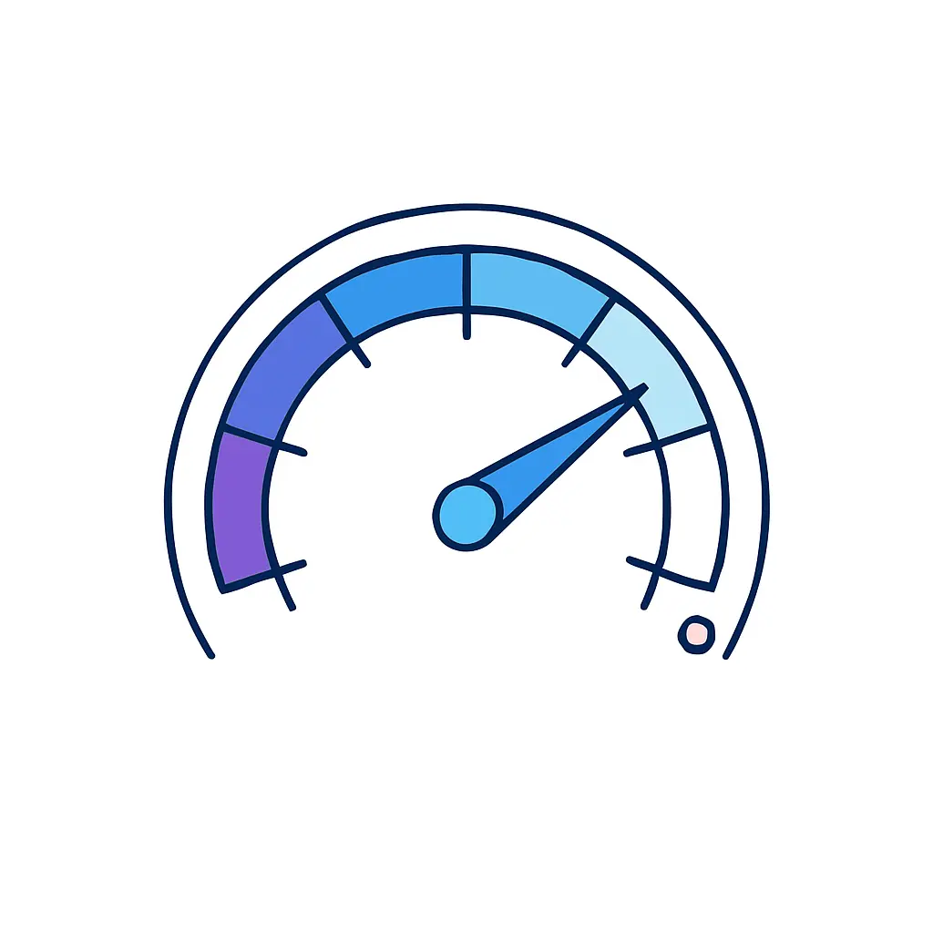 A semicircular speedometer-style dial with tick marks, a multicolored segmented arc, and a central pointer aimed toward the higher end of the scale.