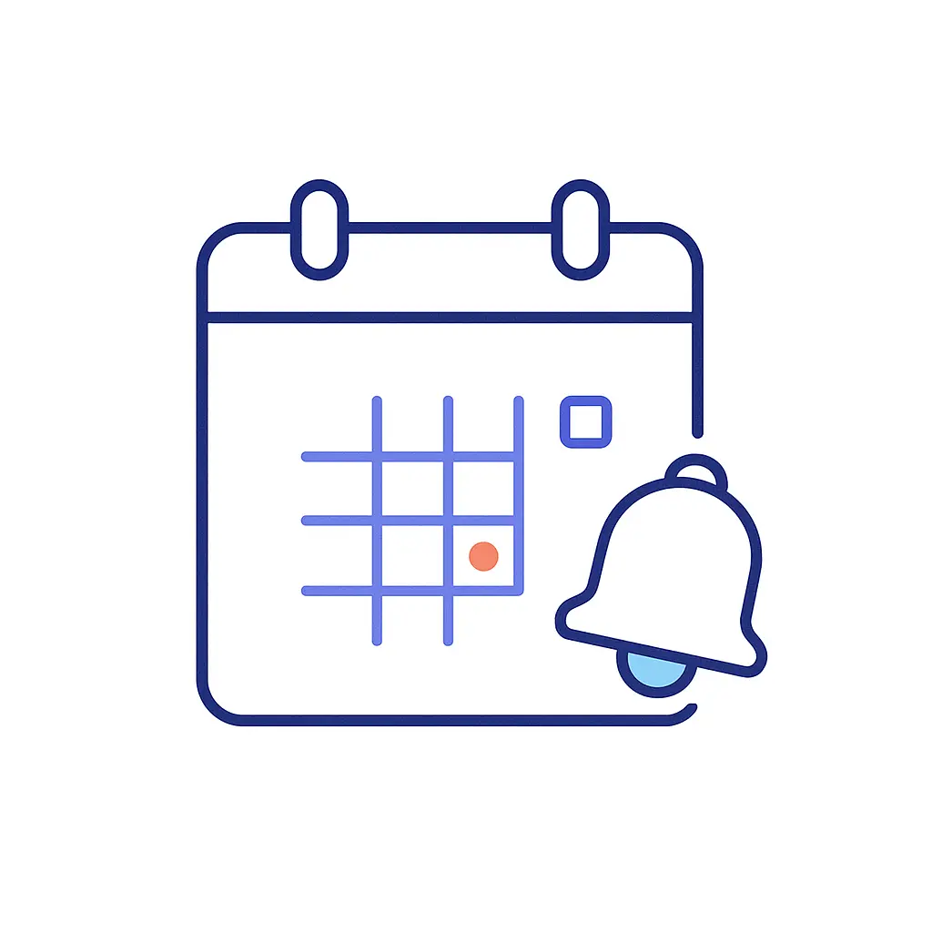 A hanging-calendar grid with one date cell highlighted by a dot, and a notification bell overlapping its lower right corner.