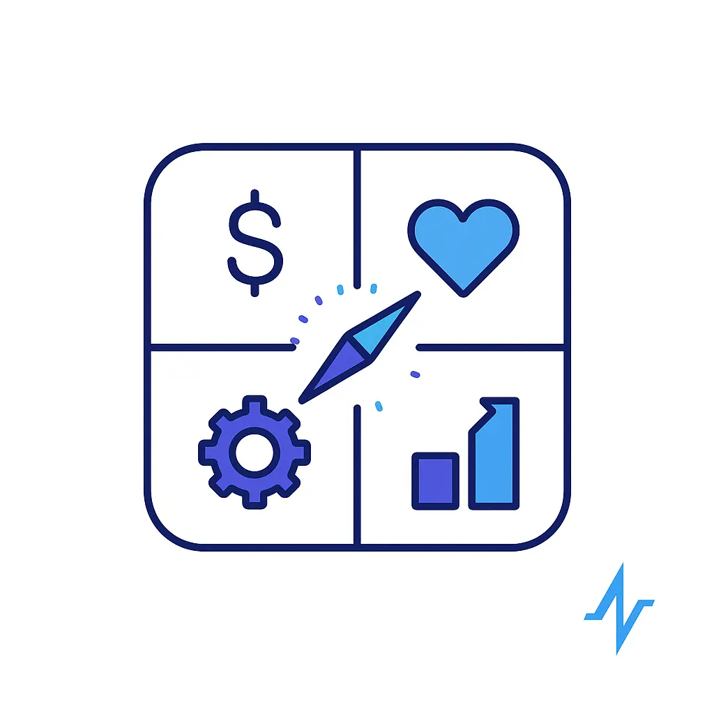 A 2×2 grid of the four icons (dollar sign, heart, gear, upward arrow) with a compass needle superimposed in the exact center, uniting metrics and guidance.