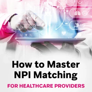 A clinician interacts with a tablet projecting layered medical icons, progress bars, and a skeletal model, illustrating advanced analytics for mastering NPI matching.