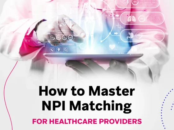 A clinician interacts with a tablet projecting layered medical icons, progress bars, and a skeletal model, illustrating advanced analytics for mastering NPI matching.