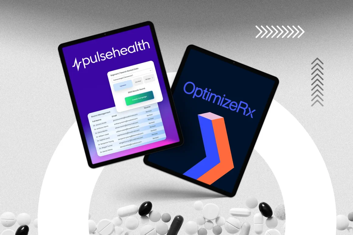 Two overlapping tablet displays float above a textured gray backdrop: the left shows the PulseHealth interface with a rented-physician segment filter and data table of names and emails, while the right features the OptimizeRx logo and chevron graphic.