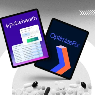 Two overlapping tablet displays float above a textured gray backdrop: the left shows the PulseHealth interface with a rented-physician segment filter and data table of names and emails, while the right features the OptimizeRx logo and chevron graphic.