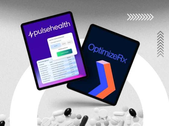 Two overlapping tablet displays float above a textured gray backdrop: the left shows the PulseHealth interface with a rented-physician segment filter and data table of names and emails, while the right features the OptimizeRx logo and chevron graphic.