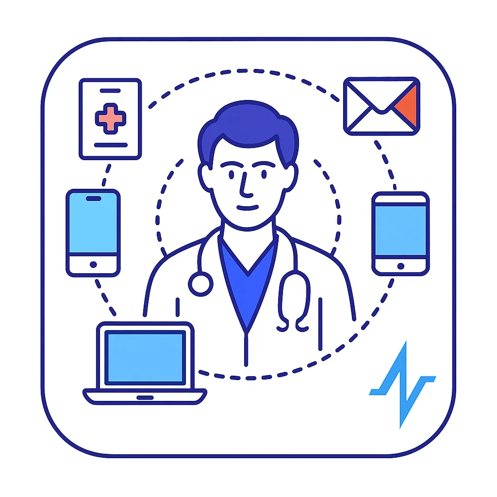 Central healthcare professional connected to digital and traditional marketing channels via dotted lines.