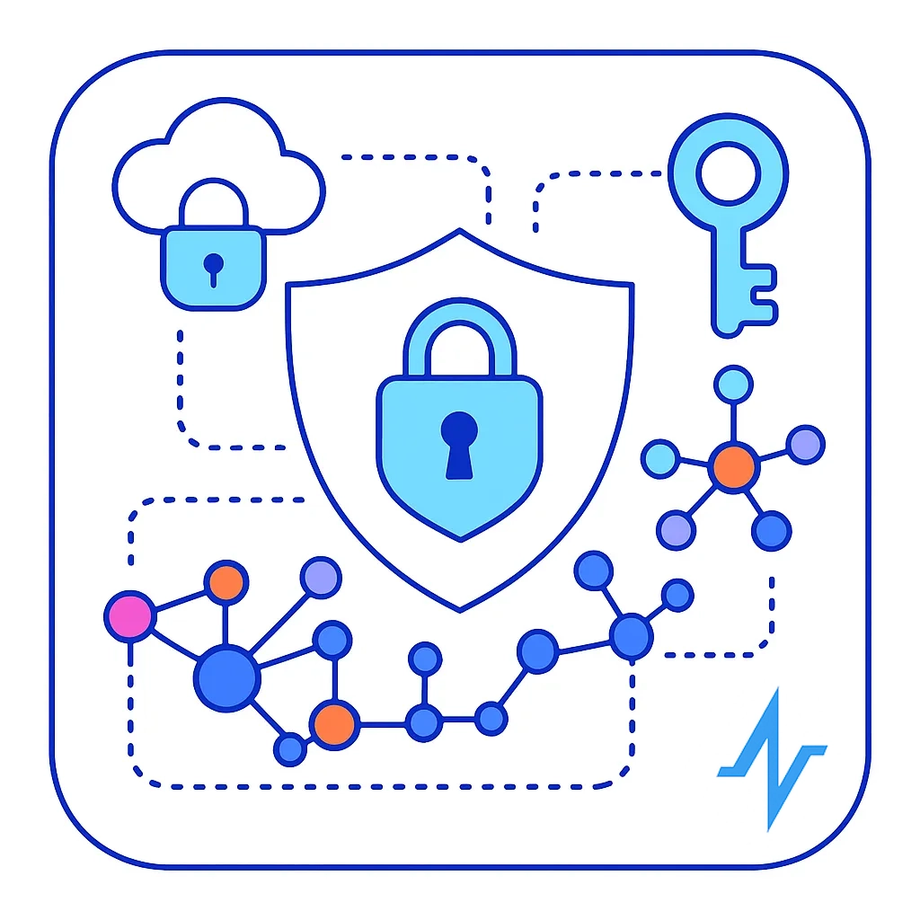 Shield with lock surrounded by cloud, key and molecule icons representing secure data management.