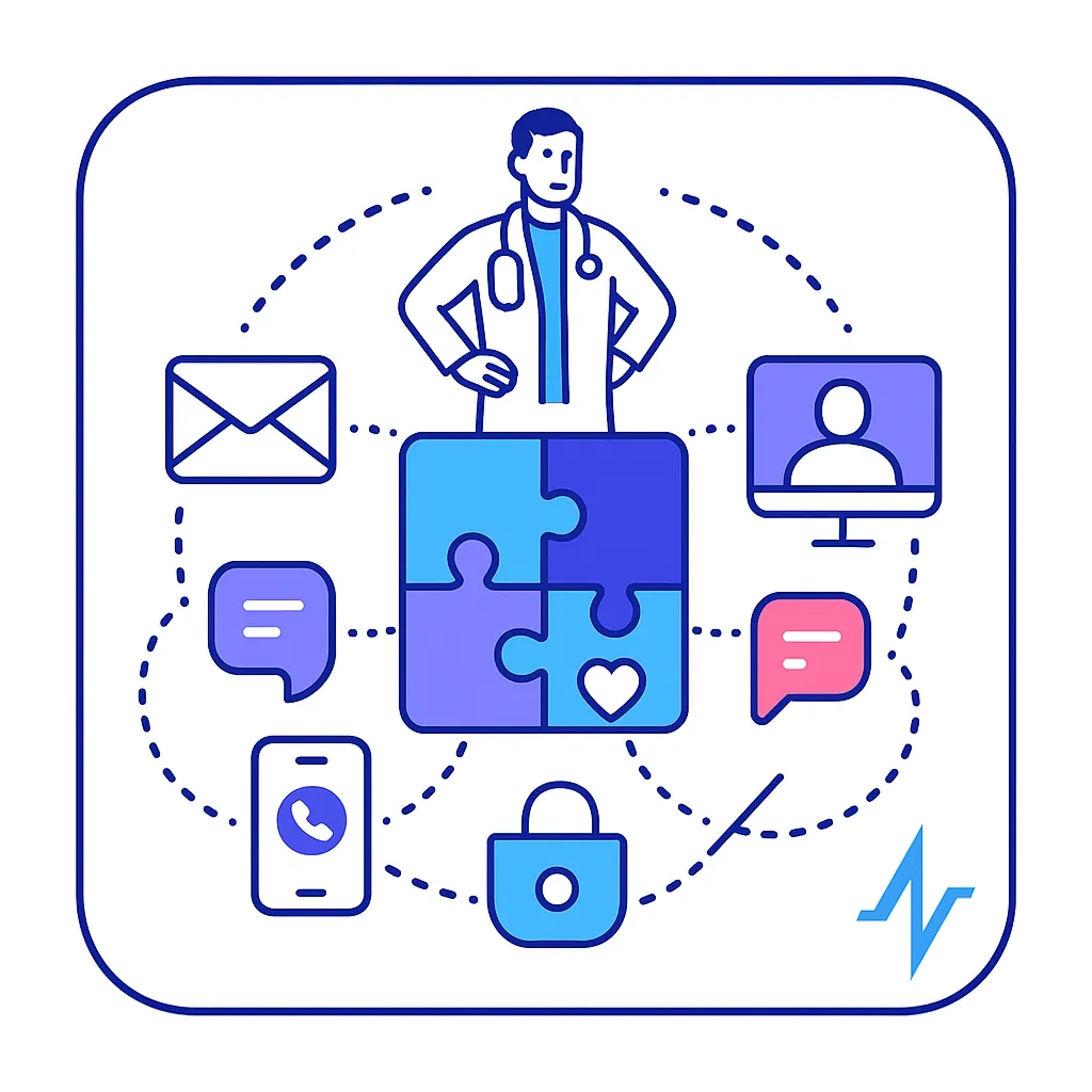 Doctor stands on interlocking puzzle pieces surrounded by communication icons symbolizing consistent integration.