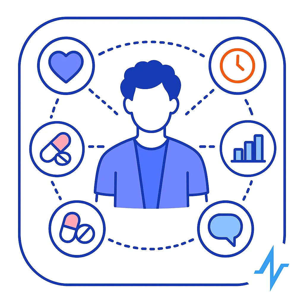Central patient surrounded by heart, clock, pill and analytics icons on dotted path showing customer focus.