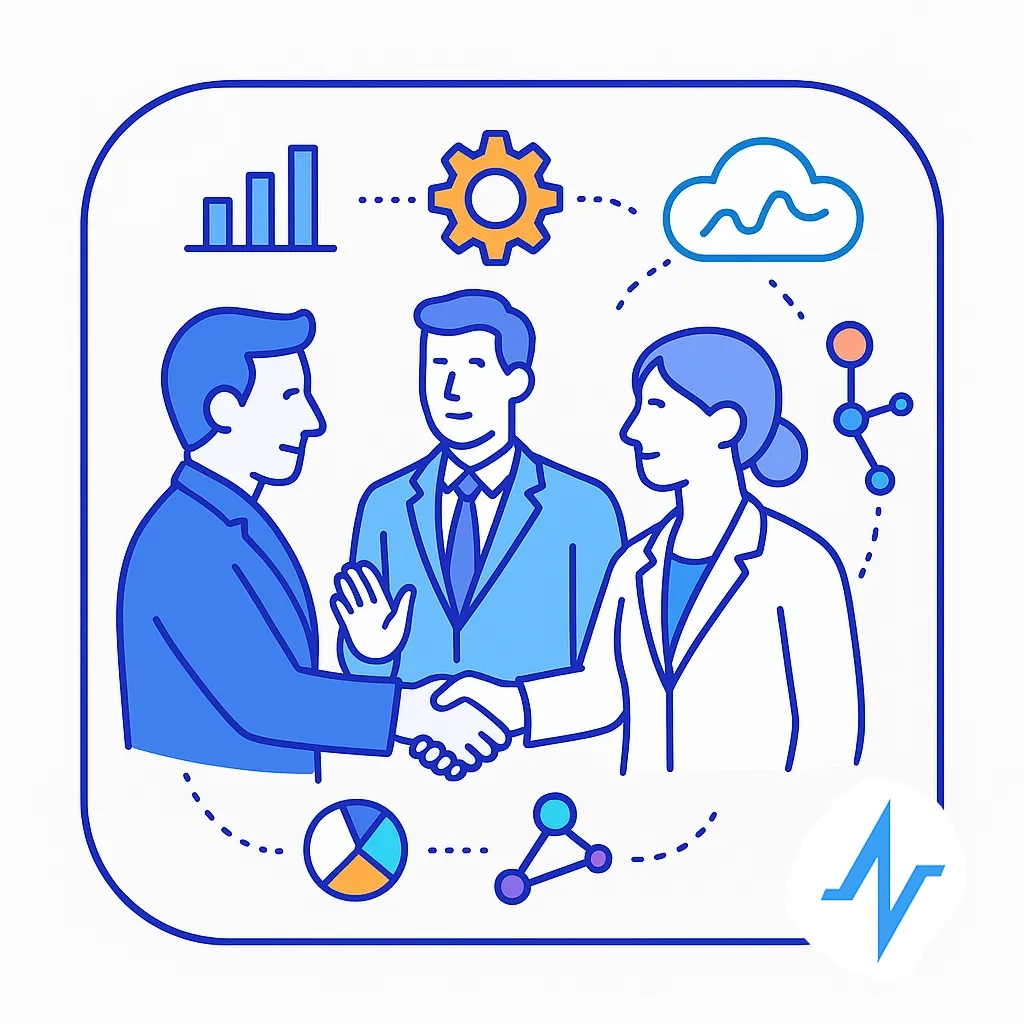 Business professionals shake hands under icons representing data analysis and expertise.