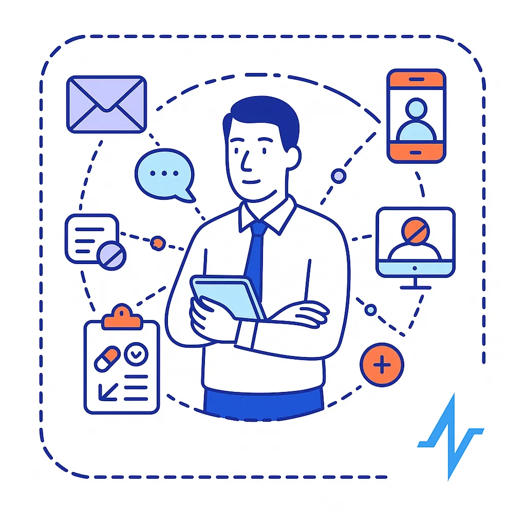 Sales rep using tablet surrounded by calendar, analytics, phone and chat icons to depict integrated workflows.