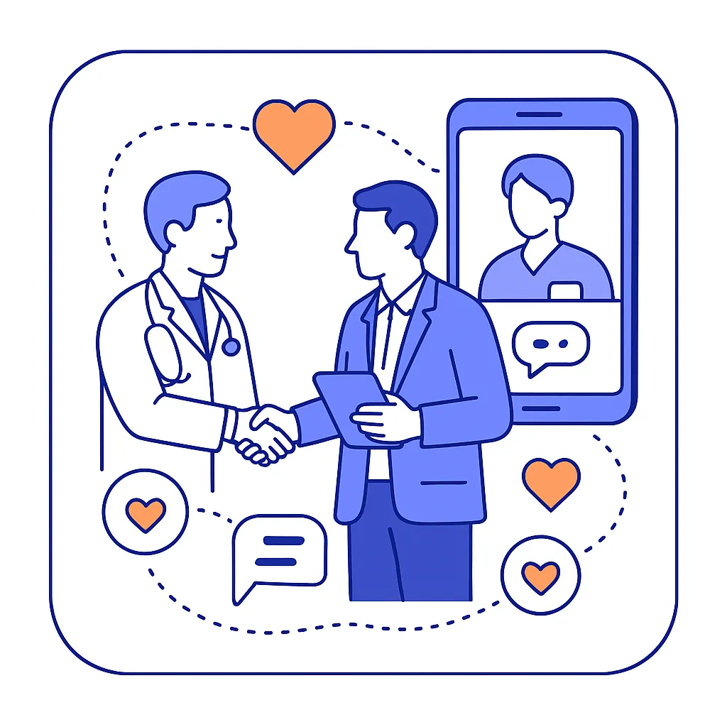 Doctor and rep handshake while also interacting via video call and chat with heart icons.