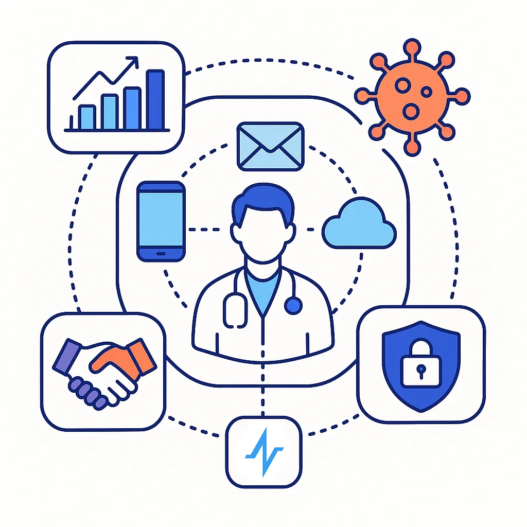 Illustration summarizing key aspects of omnichannel marketing in pharma with analytics, pandemic, privacy, and customer engagement icons.