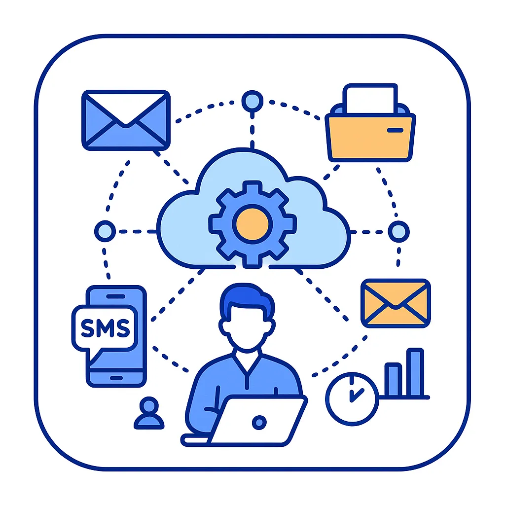 Cloud with gear symbol connects SMS, fax, email and analytics icons to depict platform features.