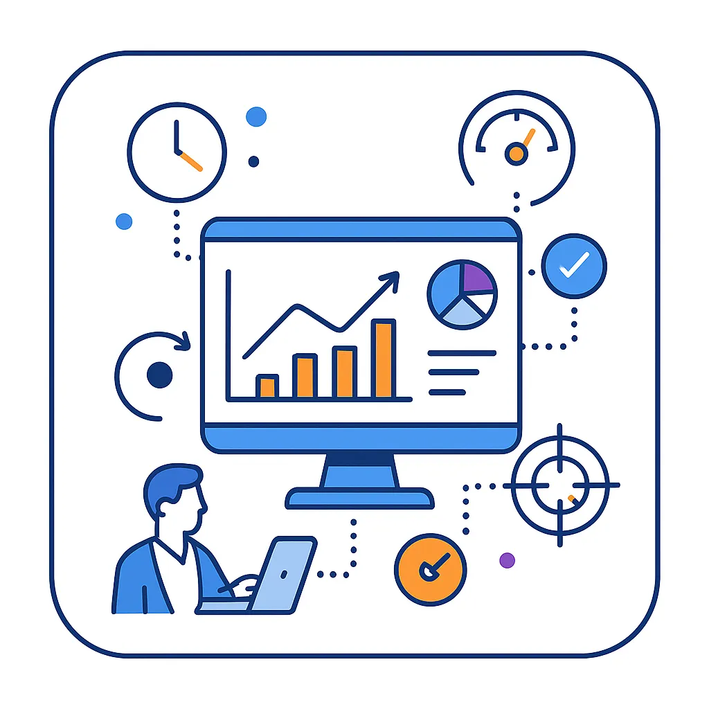 Monitor with real time graphs surrounded by clock, gauge and target icons symbolizing instant performance tracking.