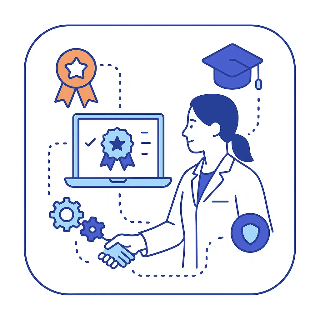 Marketer receives digital badge with ribbon, graduation cap and gears representing certification training.